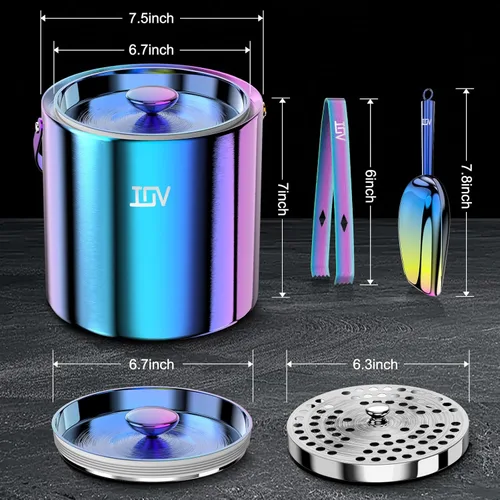 Miniatura 4 de IOV Cubo de hielo con tapa, cuchara, pinzas y colador, cubo de hielo aislado de doble pared de acero inoxidable de 3 L para fiestas, mantiene