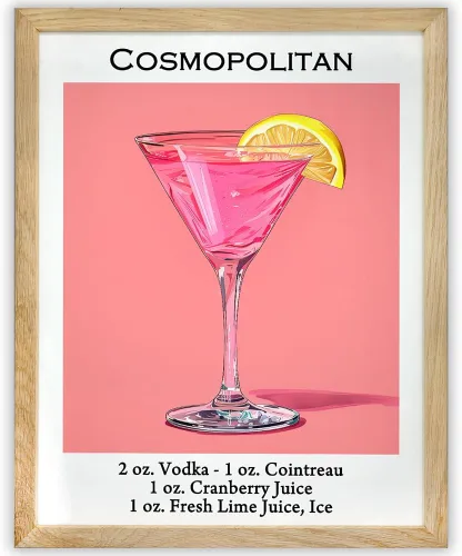 Cosmopolitan Vintage Recipe: Pink Cocktail 11x14 Framed Poster for Bar & Kitchen Wall Decor - Retro Painting of Old Fashioned Drink Mix for Home