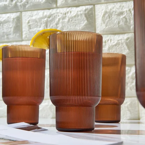 Miniatura 5 de Juego de 4 vasos altos de acrílico inastillables, estilo europeo, aptos para lavavajillas, acanalados, juego de 4, tritán estriado, plástico Naranja