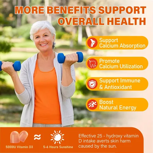 Miniatura 5 de Paquete de 2 gomitas de vitamina D3 K2 para adultos, vitamina D3 sin azúcar, 5000IU + K2(MK-7) Suplemento de 200 mcg con complejo de vitamina B