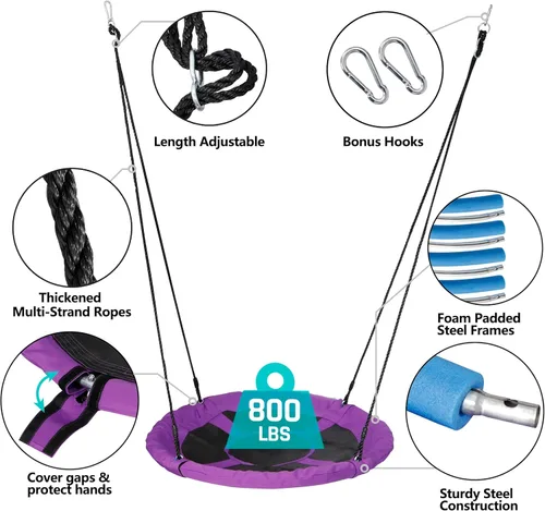 Miniatura 4 de SUPER DEAL Columpio de Árbol de Platillo Morado de 40 Pulgadas para Niños y Adultos, Capacidad de Peso de 800 Libras, Asiento de Columpio Volador