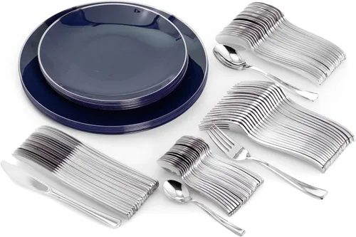 Miniatura 7 de Trendables Juego de platos desechables con cubiertos, color verde para 40, incluye 40 platos, juego de cubiertos con tenedores de plástico