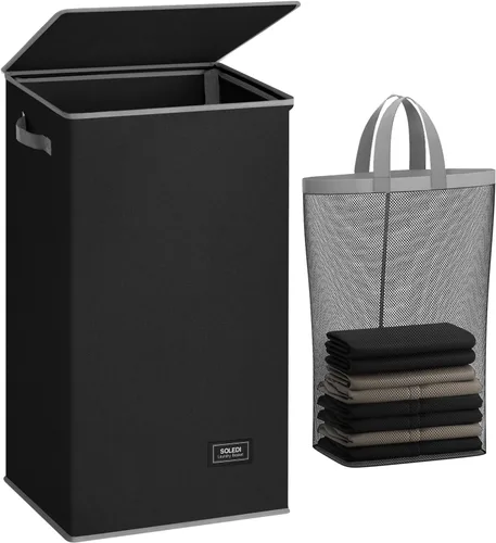 SOLEDI Cesta de lavandería negra con tapa y bolsa extraíble, cesta de lavandería grande y alta de 100 litros, plegable con asa para almacenamiento
