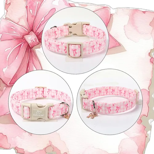 Miniatura 5 de Collar para perras gigantes grandes, collar de cachorro de primavera y verano con bonito estampado de lazo rosa a cuadros y lazo, collares suaves