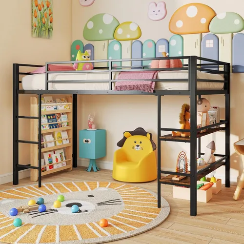 Miniatura 3 de Giantex Cama baja tipo loft tamaño individual, marco de metal resistente con estantes de almacenamiento, escalera y barandillas de longitud