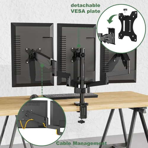 Miniatura 7 de UPGRAVITY Soporte de escritorio para monitor triple para tres pantallas de computadora planas/curvas de hasta 27 pulgadas, brazos de triple monitor