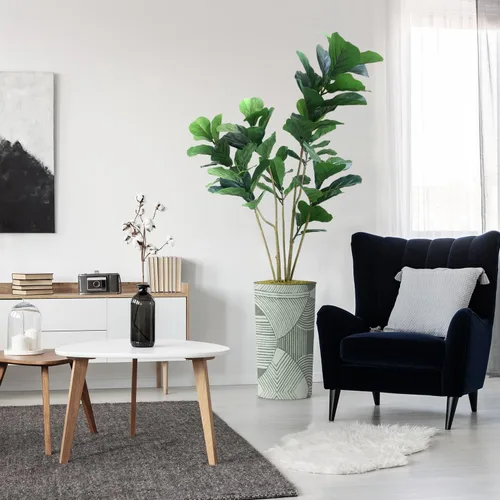 Miniatura 33 de Árbol artificial en macetero contemporáneo con patrón de margaritas, árbol de seda falso Ficus Lyrata para decoración del hogar en interiores