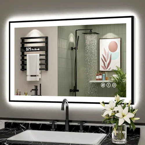 Miniatura 57 de 30x36 Espejo de baño LED con luces, retroiluminado y luz frontal, espejo de tocador iluminado antivaho para pared de baño, 3 colores, regulable