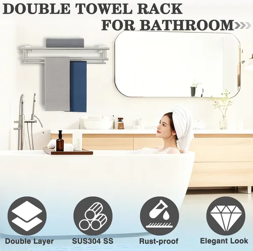 Alise Toallero, Estante Porta Toallas con Barras Dobles para Lavabo de Baño, SUS 304 Acero Inoxidable de Montaje en Pared, Portarrollos de Níquel