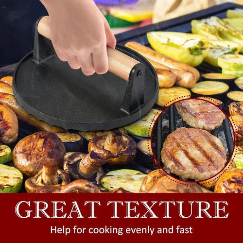 Miniatura 5 de HaSteeL Prensa de tocino de hierro fundido, prensa de hamburguesa para plancha Teppanyaki de parte superior plana, prensa redonda resistente de 7