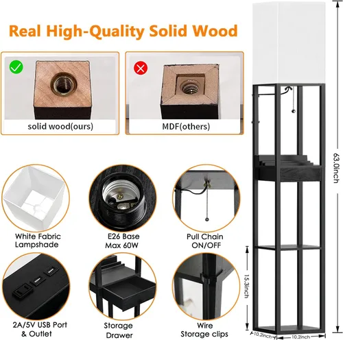 Miniatura 7 de Lámparas de pie para sala de estar, lámpara de pie alta con estantes y cajón, 2 puertos de carga USB y 2 tomas de corriente, bombilla LED brillante