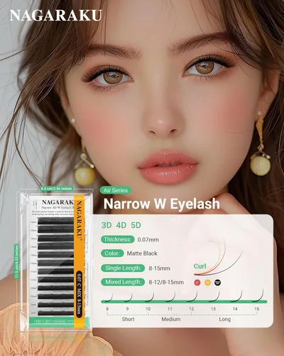 Miniatura 28 de NAGARAKU Extensiones de pestañas falsas en forma de W de 4D, suaves y naturales, con volumen, rizado D, 0.07mm, mezcla de 8-15mm, abanico 0.07-D 4D W