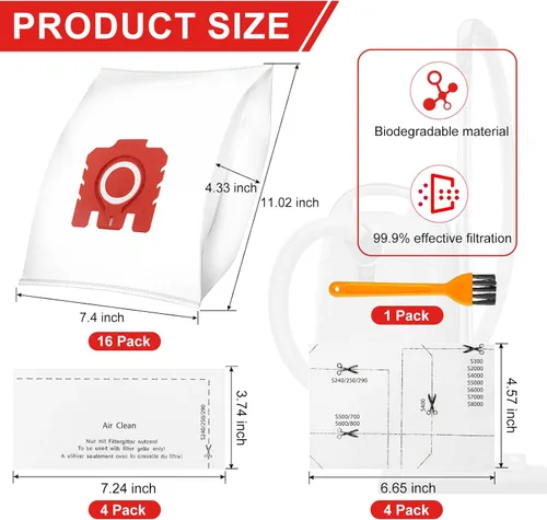 Miniatura 3 de Bolsas 3D Airclean FJM mejoradas para Miele FJM Vacuum Compact C2 Compact C1 C1 S241 S290 S300i S500 S700 S4 S6 Series, paquete de 16 bolsas FJM