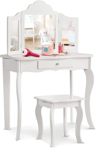 HONEY JOY Juego de tocador para niños con espejo, mesa de tocador de madera 2 en 1 con taburete, espejo plegable y cajón, parte superior extraíble,