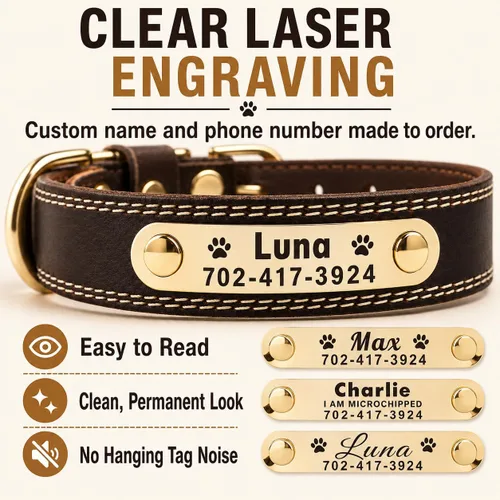 Miniatura 3 de Collar de cuero para perro personalizado con placa de nombre grabable - Collar con etiqueta de identificación duradera - Collar para perro