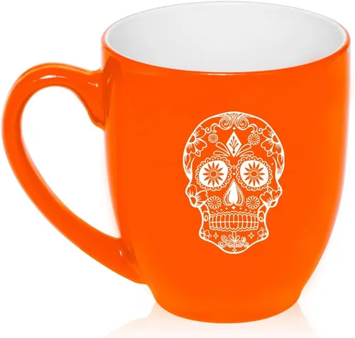 Miniatura 2 de Taza grande de 16 oz Bistro Taza de cerámica para café, té, taza de vidrio, calavera de caramelo de azúcar (rosa intenso)