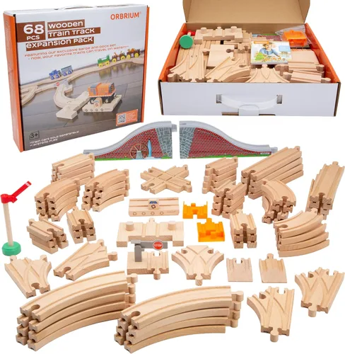 Miniatura 6 de Paquete de expansión para vías de tren Orbrium Toys, 56 piezas de madera con túnel, compatibles con el juego de ferrocarril de madera Thomas Brio