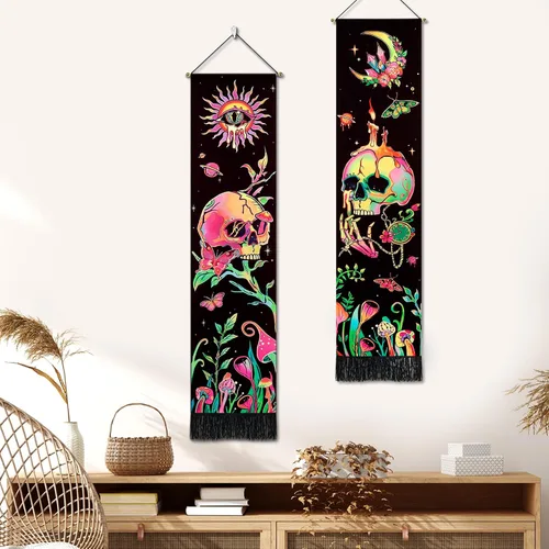 Miniatura 3 de Leofanger Paquete de 2 tapices verticales de calavera negra con luz negra, tapiz de sol y luna, tapiz de flores de mariposa y mariposa negra, tapiz