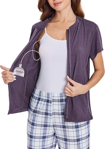 Miniatura 11 de Deyeek Camisas de mastectomía con bolsillos de drenaje Tops post cirugía de hombro para mujeres con puerto de quimio manga corta con cremalleras