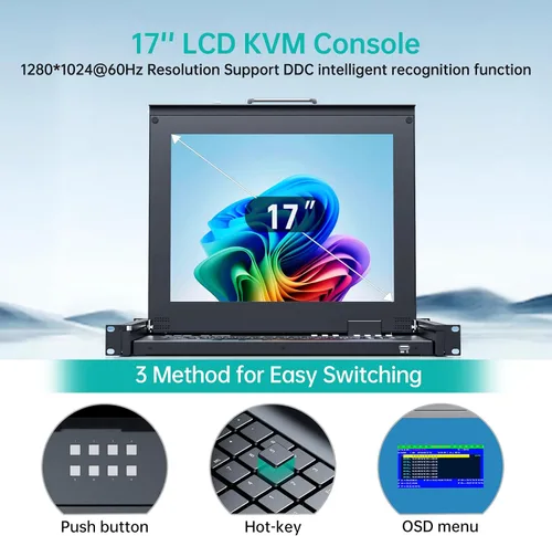 Miniatura 5 de MT-Viki Conmutador KVM de montaje en rack de 17" VGA 8 puertos, monitor de montaje en rack KVM Fit 1U 19'' Rack, 23.622-31.496 in (23.6~31.8'')
