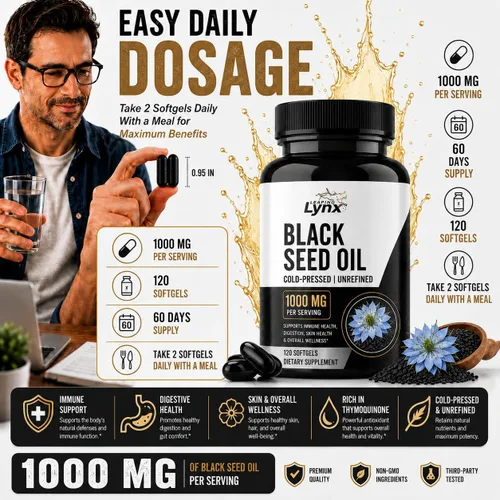 Miniatura 4 de Leaping Lynx Aceite de semilla negra de 1000 mg – Cápsulas blandas de Nigella Sativa prensadas en frío para la salud inmunológica, del corazón
