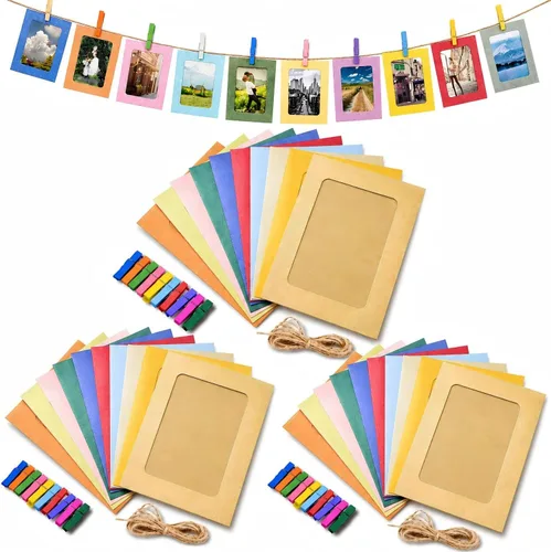 Enenes Paquete de 30 marcos de fotos de papel kraft de 4 x 6 pulgadas, marcos de fotos de papel de 10 colores con clips de madera y cordel de yute