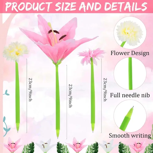 Miniatura 5 de BBTO 24 bolígrafos con forma de flor para mujeres, margarita, rosa, lirio, clavel, con punta de flor, bolígrafo de gel negro, regalo para el Día
