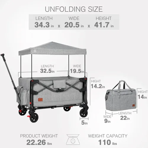Miniatura 7 de EVER ADVANCED Vagón Cochecito de Viaje Plegable en Bolsa para 2 Niños y Carga, Vagón Plegable para Niños Pequeños con Toldo Extraíble, Arnés Gris