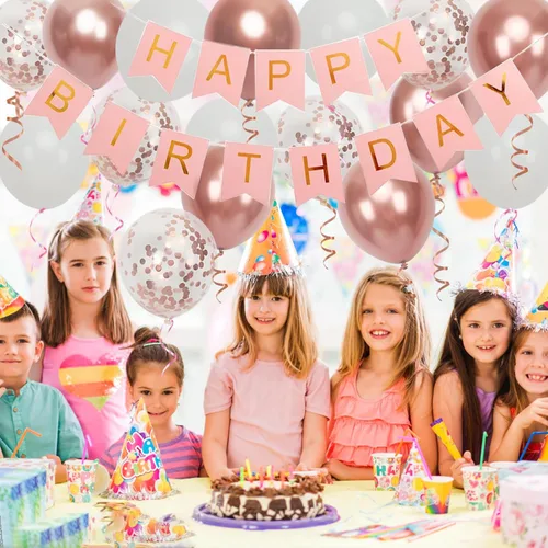 Miniatura 6 de Cartel de feliz cumpleaños, decoración de cumpleaños de oro rosa, 16 globos de 12 pulgadas con 2 cintas para decoración de fiesta de niña y mujer