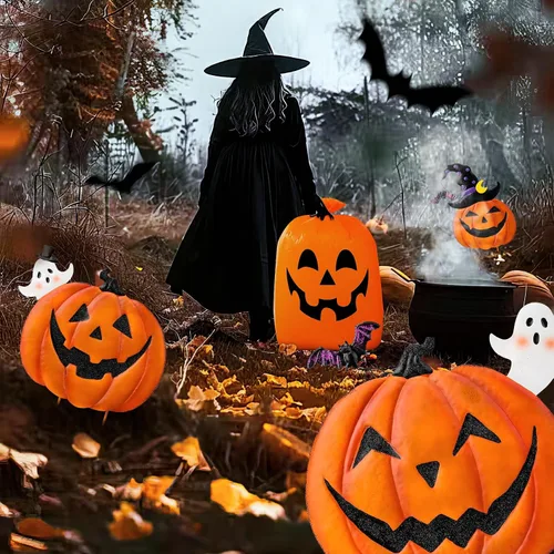 Miniatura 5 de Estacas de jardín de Halloween de 39.8 pulgadas, calabazas de metal apiladas, decoración de césped con sombrero de bruja, letreros de metal