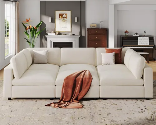 Miniatura 39 de VANOMi Sofá modular, cómodo sofá con marco de madera maciza de 3 asientos, sofá moderno certificado FSC para sala de estar, beige