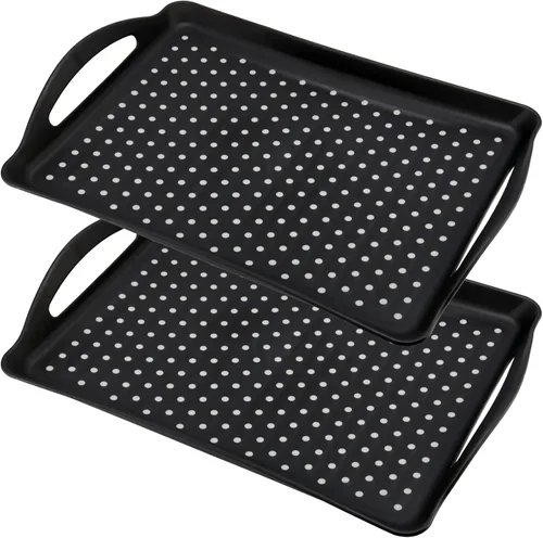 Miniatura 5 de Paquete de 4 bandejas antideslizantes para servir alimentos con asas, bandeja rectangular de plástico de 16.5 x 11.4 x 1.57 pulgadas, bandeja negra