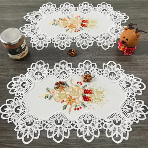 Miniatura 10 de Camino de mesa de Navidad 100% poliéster, bordado de encaje de Navidad, decoraciones de mesa de Navidad de 16 x 52 pulgadas, velas de pascua