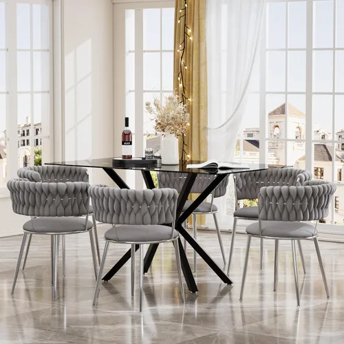 Miniatura 17 de Juego de mesa de comedor de cristal negro de 47 pulgadas para 4, juego de mesa de cocina minimalista moderno y 4 sillas de comedor de terciopelo