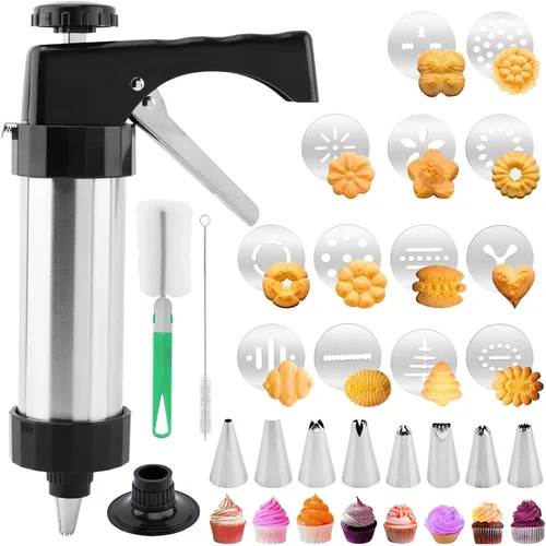 Prensa de galletas de acero inoxidable, kit de pistola de prensa de galletas, fabricante de Spritz con 8 puntas de tubería y 13 discos para hacer