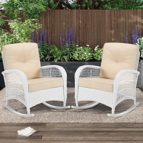 Miniatura 24 de MEETWARM Mecedora de mimbre para exteriores, sillas mecedoras de ratán para patio con cojines y respaldo alto, silla de mimbre para patio para todo