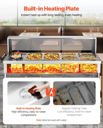 Miniatura 2 de VEVOR Calentador de alimentos comercial, mesa de vapor eléctrica de 8 bandejas + 2 ollas, calentador de alimentos profesional de 1800W para buffet