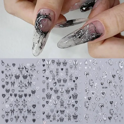 Miniatura 4 de Calcomanías líquidas para arte de uñas, diseño de mariposa, negro, plateado, mariposa, luna, 3D, autoadhesivas, suministros de arte de uñas