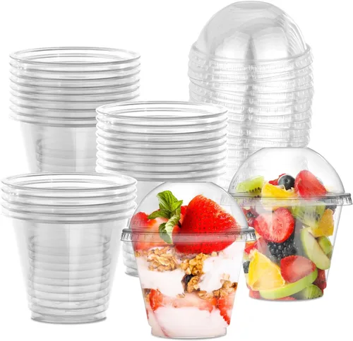 Miniatura 7 de Juego de 50 vasos de plástico desechables de 7 onzas con tapas, vasos de postre de plástico transparente con tapas de cúpula (sin agujero), tazas