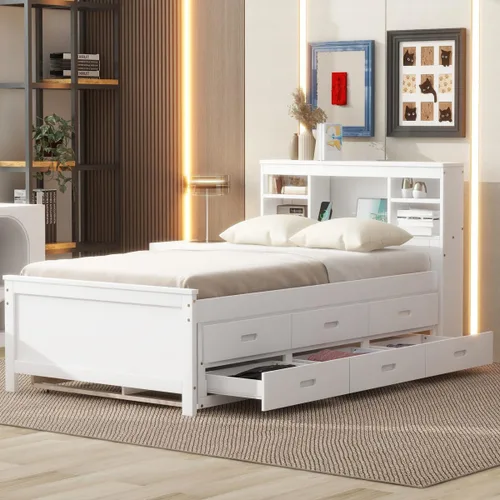 Miniatura 9 de Cama de plataforma de tamaño individual con cabecera de almacenamiento, cama nido individual y estación de carga, cama capitanes de madera de pino