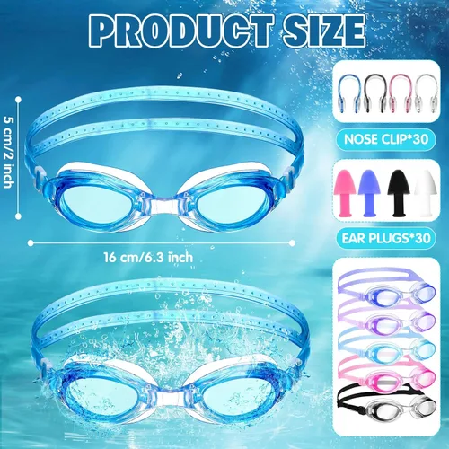 Miniatura 4 de Macarrie Paquete de 30 gafas de natación a granel sin fugas con tapones para los oídos y clip de nariz para adultos, hombres, mujeres y jóvenes