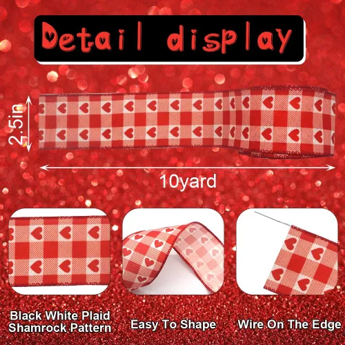 Miniatura 2 de Cintas con borde con cable para el día de San Valentín de 2.5 pulgadas, 10 yardas, cinta roja a cuadros de búfalo rojo para envolver aniversarios