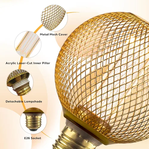 Miniatura 2 de Bombilla LED decorativa, cubierta de malla metálica dorada, base mediana E26, luces LED para lámpara de pie de dormitorio, lámpara de techo