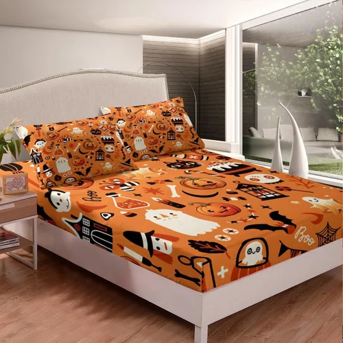 Miniatura 4 de Erosebridal Sábanas de Halloween para niños y niñas, juego de sábanas espeluznantes de dibujos animados, tamaño individual, juego de ropa de cama