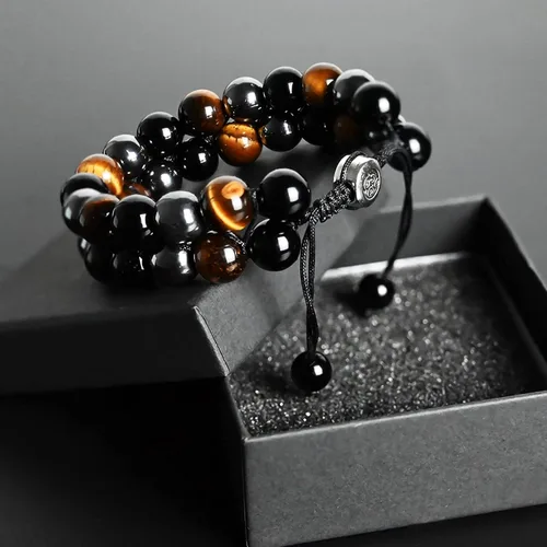 Miniatura 17 de Triple Protection Bracelet Natural Black Obsidian Tigers Eye Hematite Beads Crystal Bracelet Healing Bracelets for Men Women Bring Prosperity Luck