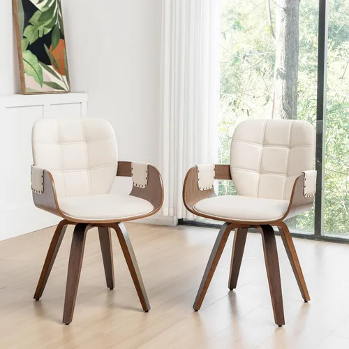 Juego de 2 sillas de comedor giratorias, sillas de comedor modernas de mediados de siglo con brazos y respaldo curvo, madera curvada de piel Nogal