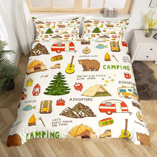 Miniatura 16 de Happy Camping - Juego de funda de edredón tamaño Queen, con temática de caravana de dibujos animados, estilo rústico, estilo granja, juego de ropa