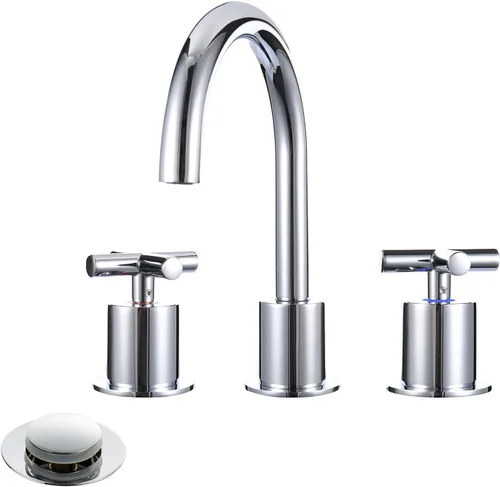 Miniatura 9 de 2 grifos de lavabo de baño dorados con mango cruzado con drenaje de residuos para fregadero de cubierta de 3 agujeros, latón macizo negro mate Mate
