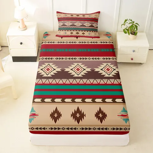 Miniatura 47 de Juego de ropa de cama de estilo bohemio occidental, tamaño individual, diseño de vaca atrapasueños, sábana bajera ajustable del suroeste, tribu