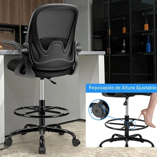Miniatura 4 de Silla de dibujo alta de oficina con reposabrazos abatibles, altura ajustable y soporte lumbar mejorado, taburete ergonómico rodante, soporte de Negro